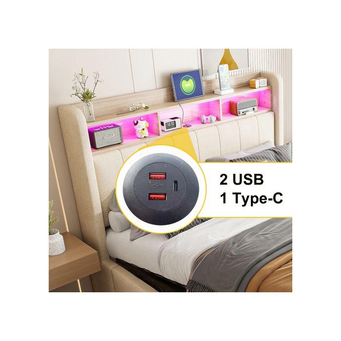 Lit rembourré 160*200 cm, avec éclairage LED et prise USB, tissu de lin beige