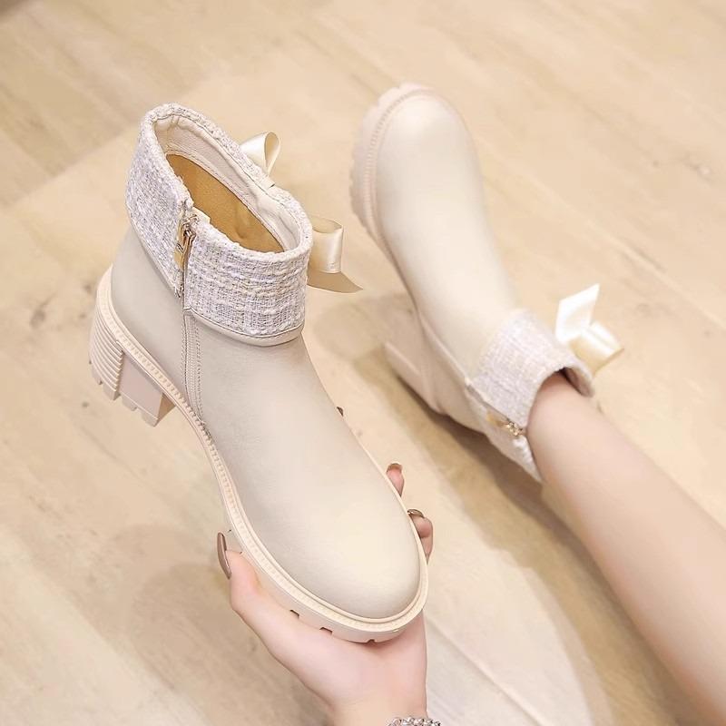 Lace-up Bow Booties Fashion Round Toe Side Zipper Soft Sole Anti-Slip Wear-Resistant Block Heel Shoes for Women