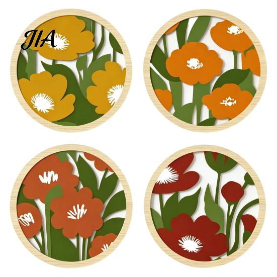 Living Room Ornaments 4Pcs Boho Wooden Round Wall Decor, 2D Floral Hanging Ornaments, Decor Farmhouse Aesthetic Art for Bedroom Bathroom Patio Rustic