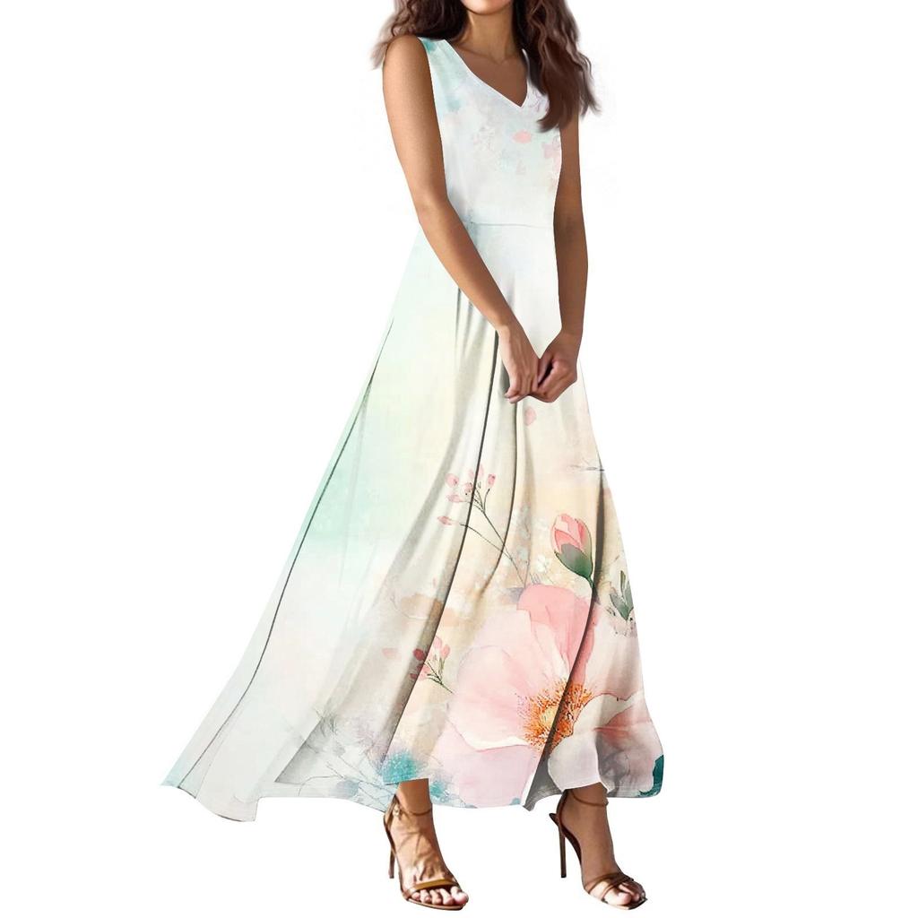Женское летнее повседневное модное платье с принтом, платье без рукавов с V-образным вырезом