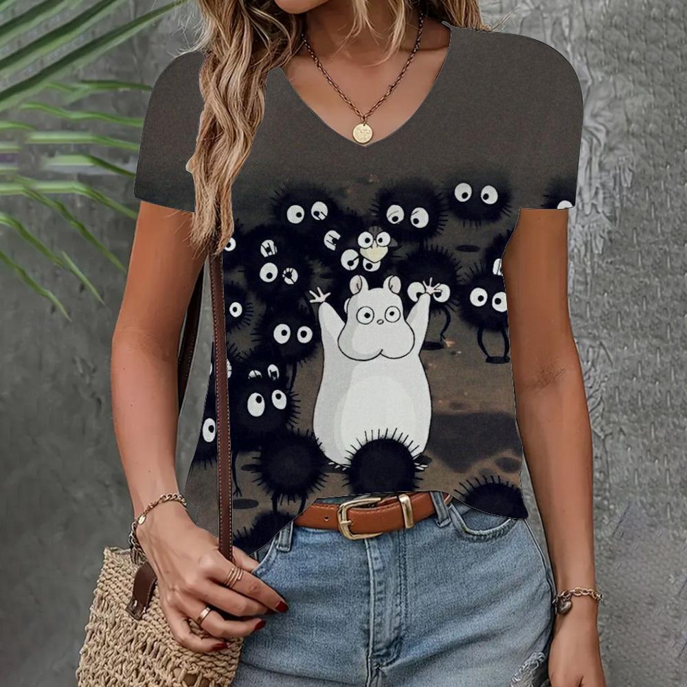 Летняя женская одежда Футболка Повседневная Свободная футболка с коротким рукавом с рисунком кота и комиксами Модная одежда с V-образным вырезом Элегантная женская футболка