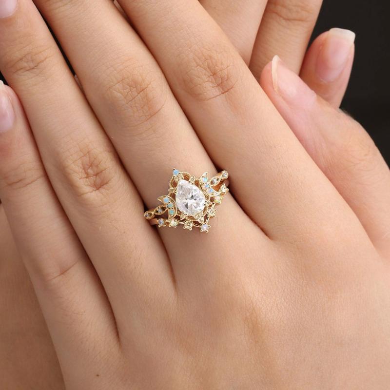 European and American new fashion star and moon shape zircon inlaid luxury personalized women's ring