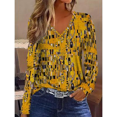 Абстрактная живопись геометрическая лоскутная квадратная клетчатая графическая футболка с V-образным вырезом и длинными рукавами