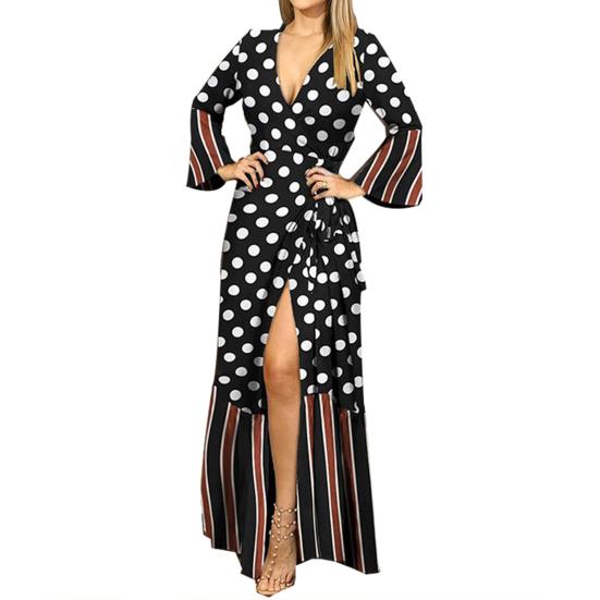 Women's Summer Wrap Maxi Dress Long Sleeve Deep V-Neck Dot Printed Lace Up Dress Split Flowy Beach Long Dress