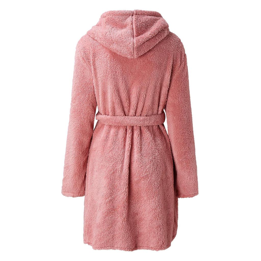 Women's Plush Hooded Bathrobe - Solid Color, Warm Pajamas for Autumn and Winter