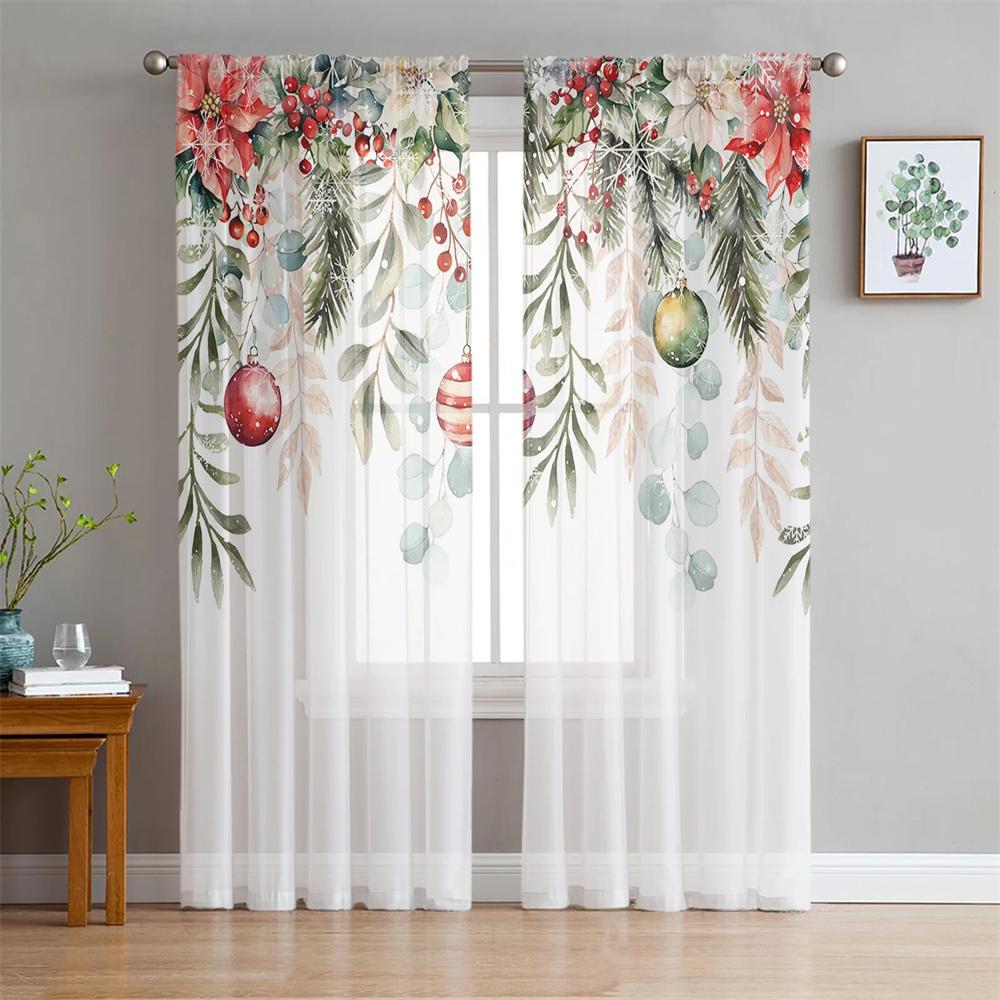 Cartoon Merry Christmas Tree Bells Village Snowing Tulle Sheer Voile Window Curtains Blinds for Living Room Bedroom Home Decor