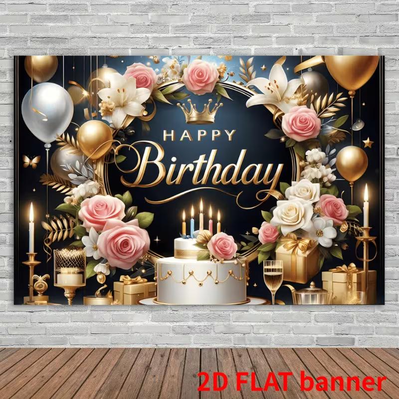 2D Floral Crown Birthday Backdrop, Luxury Black Gold Party Decoration Banner