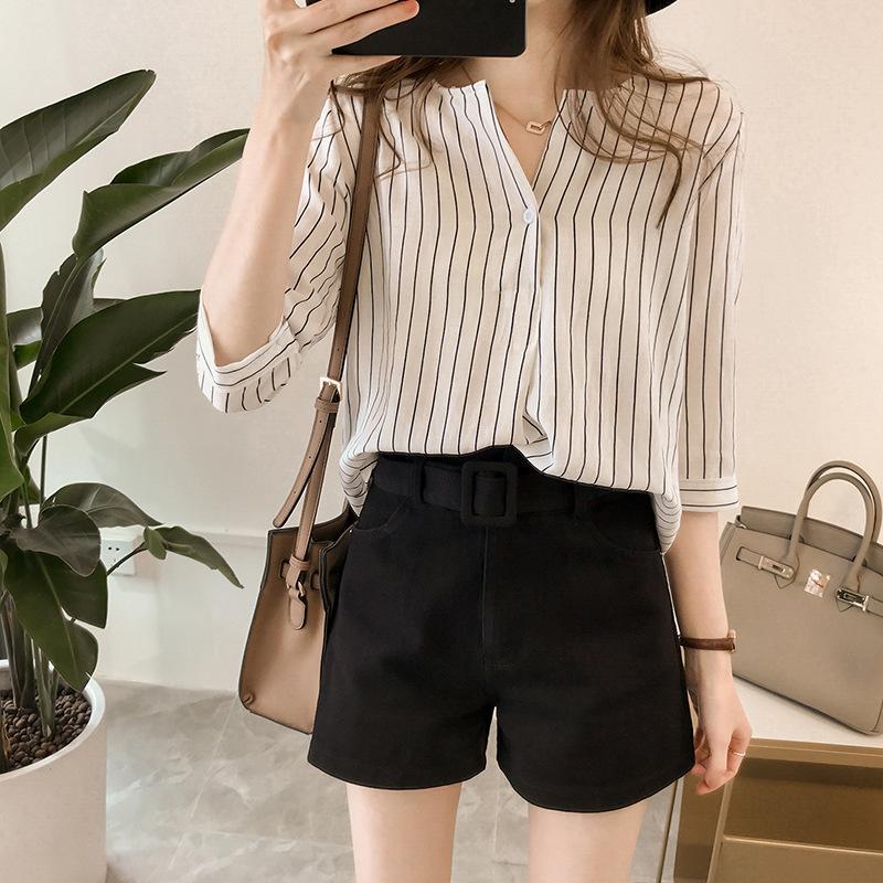 Fashion Large Size Round Neck Striped Shirt Female Seven-minute Sleeve Blouse Loose Casual Shirt Vintage Basic Office Casual Women Shirt