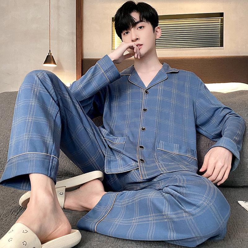 Хлопковая мужская пижама весна-осень с длинными рукавами ночная рубашка новый кардиган в клетку домашняя одежда для сна одежда для отдыха