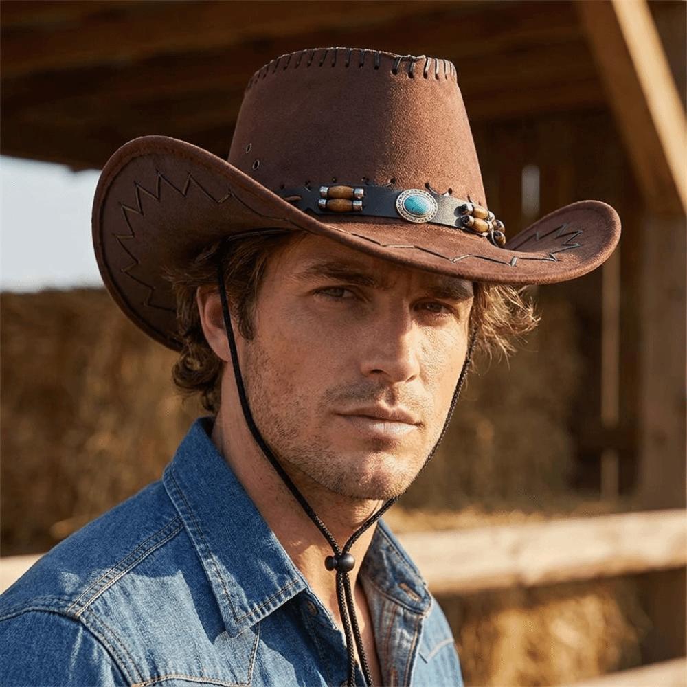Wide Brim Fedora Hat Leather Belt Sun Hat Travel Western Cowboy Hat Camping
