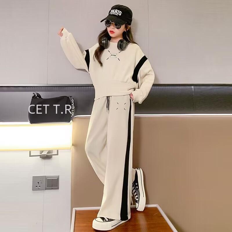 Модный комплект из двух предметов для девочек весна/осень: Стильная короткая толстовка и широкие брюки