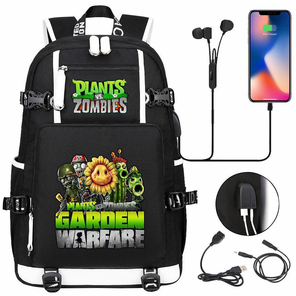 Plant Vs USB Headphones Teenager Student Backpack Casual Travel Daypack for Boys Girls