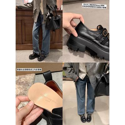 Версия из вымытой коровьей кожи~ Увеличение роста 6 см натуральная кожа маленькая золотая пряжка толстый каблук толстая подошва лоферы одинарная обувь женская кожаная обувь