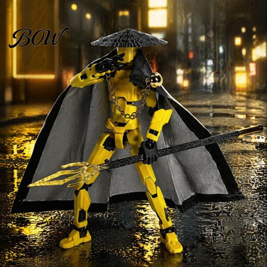 Swordsman Action Model Chinese Figure with Accessories, Multi-Joints Movable Bamboo Collectible Toy Hat Cloak Man Figurine, Articulated Dummy
