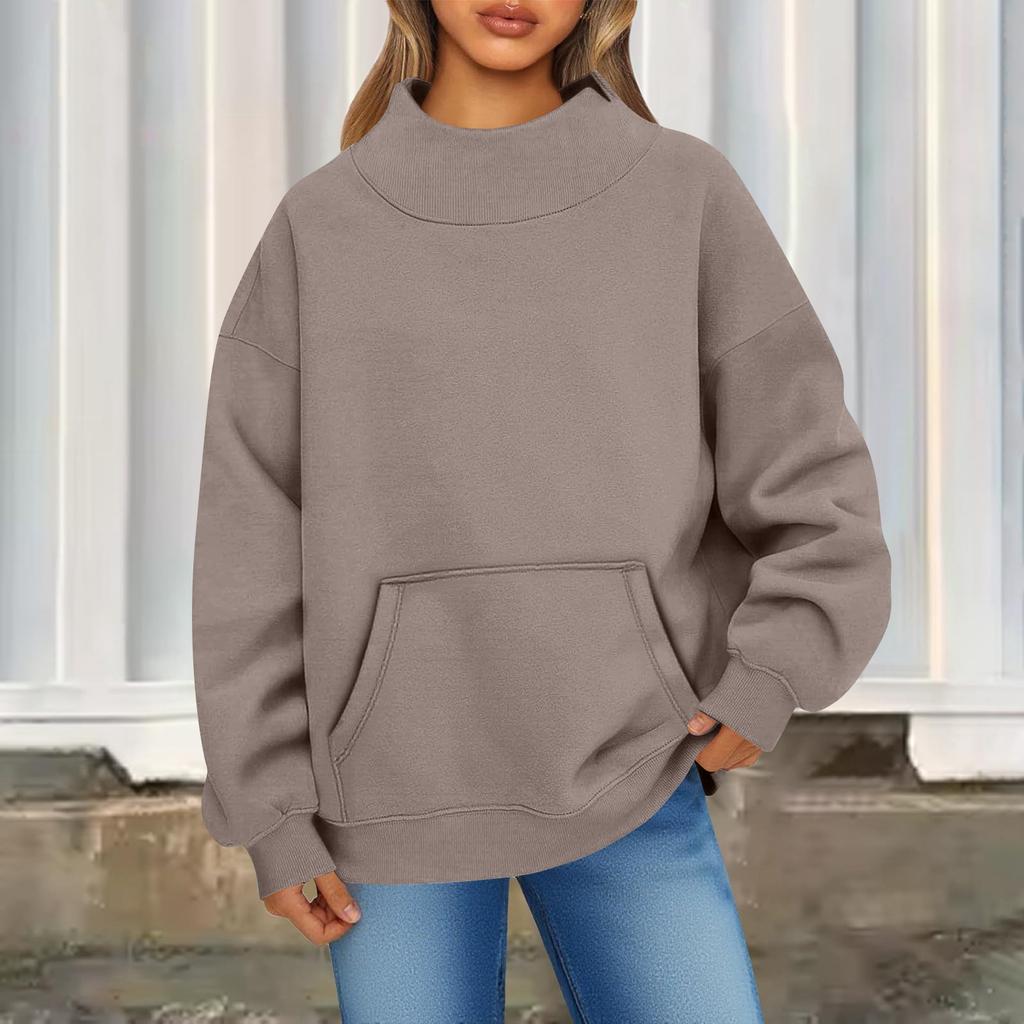 Женский модный повседневный однотонный пуловер с круглым вырезом, длинными рукавами и карманом, спортивный повседневный топ