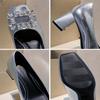 Silver High-end Thick-heeled Single Shoes Women's 2024 New Square Head Rhinestone Temperament French Small Fragrant Style Low-heeled High-heeled Shoes