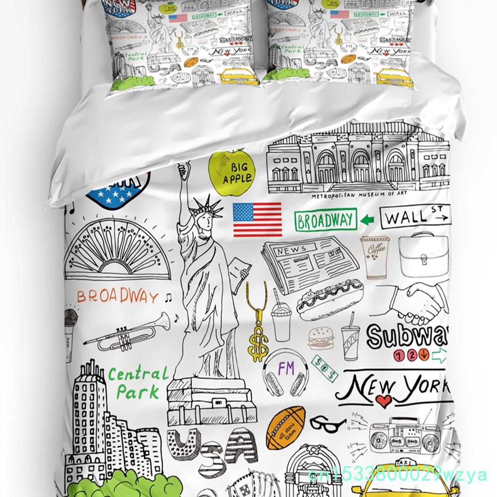 Пододеяльник New York Sketch City Комплект постельного белья для двуспальной кровати Домашний текстиль Покрывало Наволочки Комплект постельного белья для спальни (Нет листа)