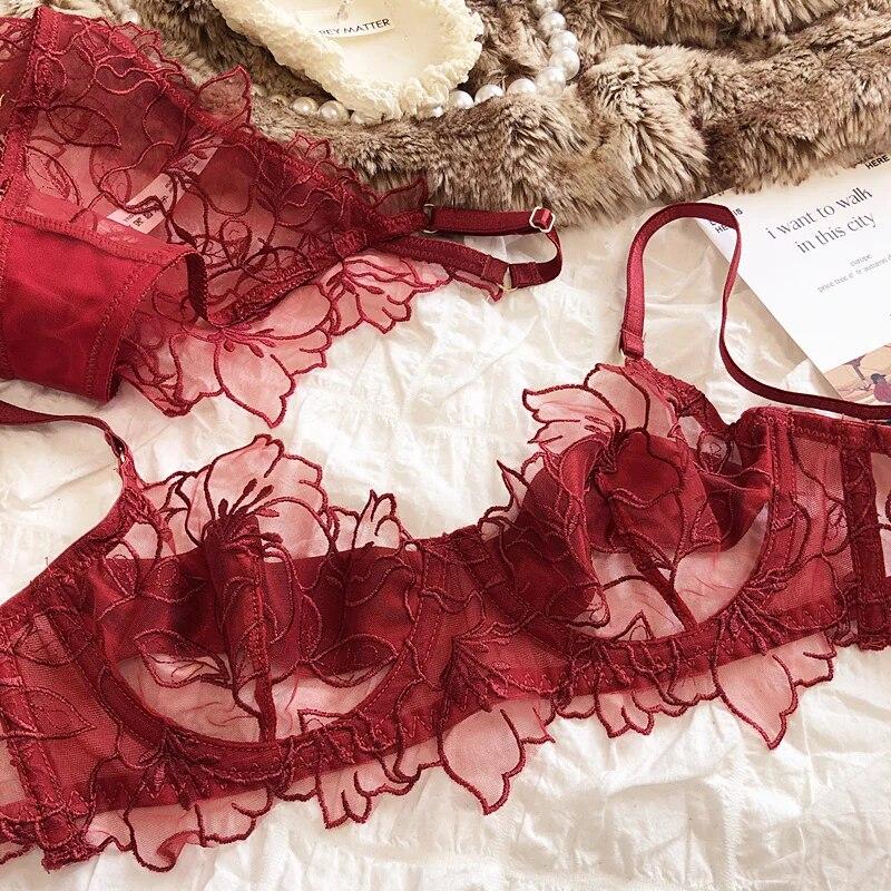 Французский комплект нижнего белья, сексуальный кружевной комплект с цветочной вышивкой, бюстгальтер, женское нижнее белье, летние ультратонкие дышащие бюстгальтеры без косточек, нижнее белье, трусики