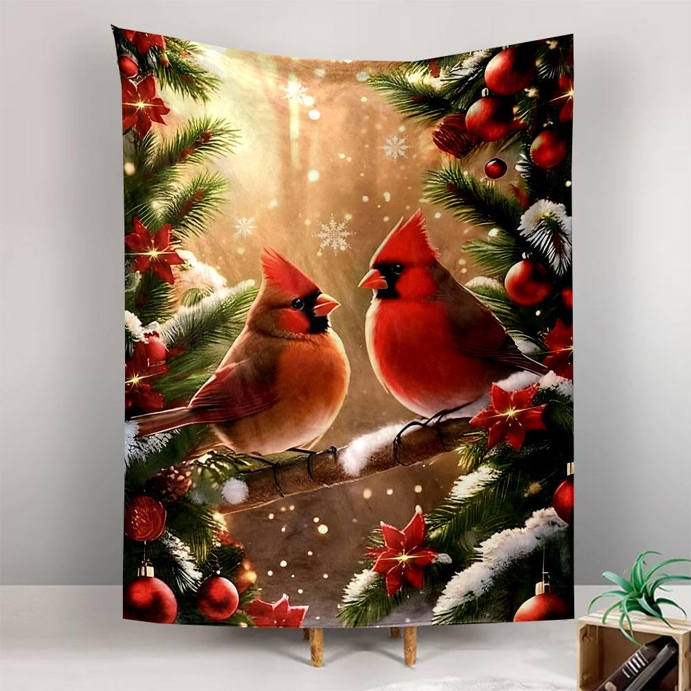 Two Red Cardinal Birds On Snowy Branch Christmas Ornaments Pine Warm Wall Tapestry Holiday Decor Living Room Gift