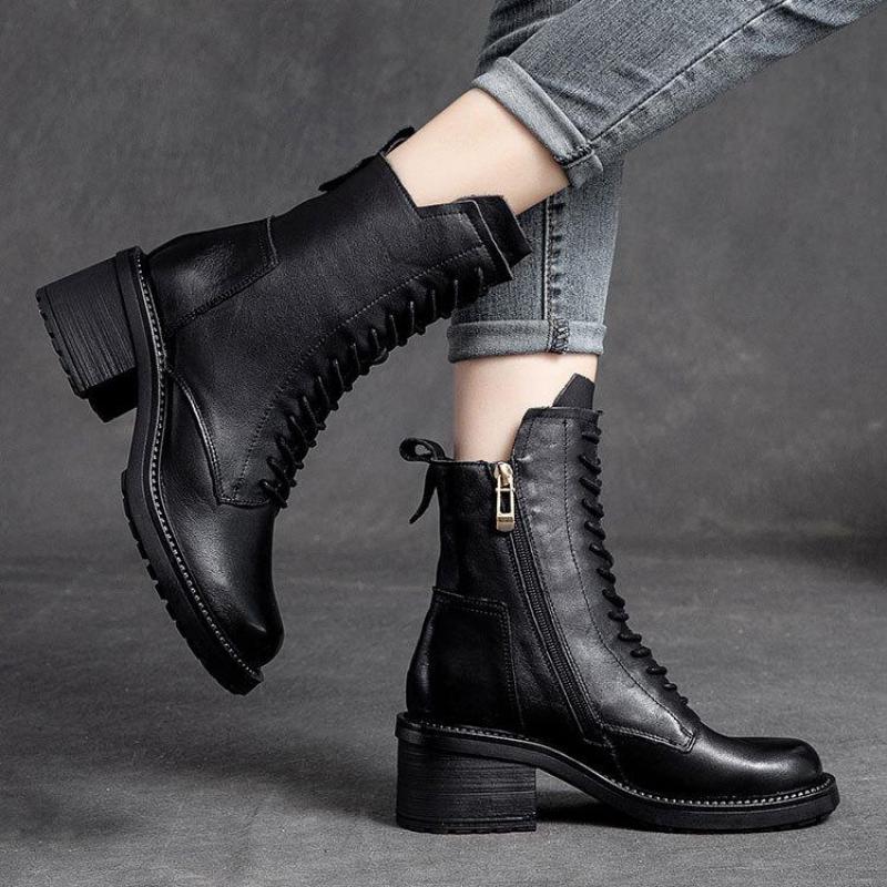 Winter Boots Genuine Leather Women Shoes Plush Warm Round Toe Handmade Zip Leisure Sewing Platform Boots