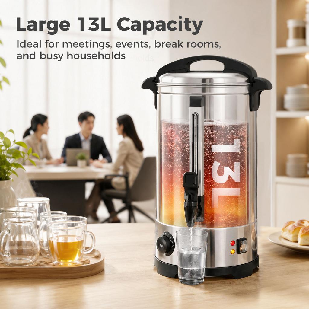 13L Catering Urn, 2500W Stainless Steel Hot Water Boiler Dispenser with Thermostat, Keep Warm Function and Easy Pour Tap