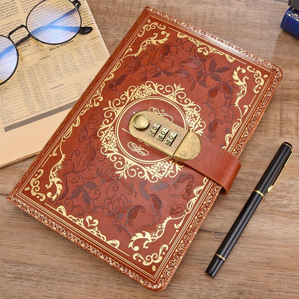 PU Leather A5 Journal Notebook Embossed Design Hard Cover Lockable Secrets Journal Combination Lock Ruled Lined Paper