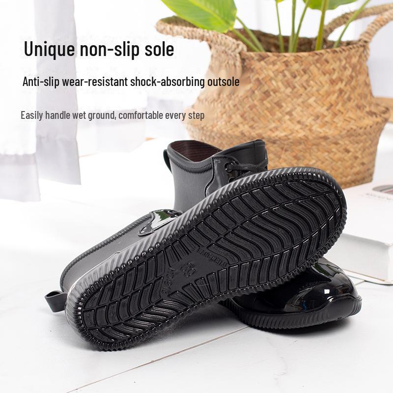 Мужские блестящие повседневные резиновые сапоги с низким верхом - Водонепроницаемая обувь на толстом низком каблуке