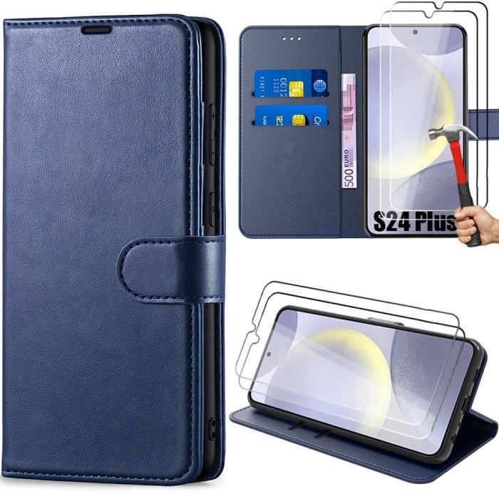 Coque - Efconnection - pour Samsung Galaxy S24 Plus - Effet Cuir - Bleu Marine - 2 Verres Trempés