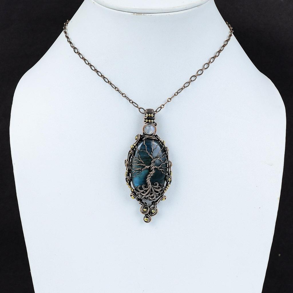 Подвеска из лабрадорита «Дерево жизни», подвеска из медной проволоки, подвеска из радужного лунного камня, ювелирное изделие ручной работы из драгоценных камней, подарок для нее, медные украшения