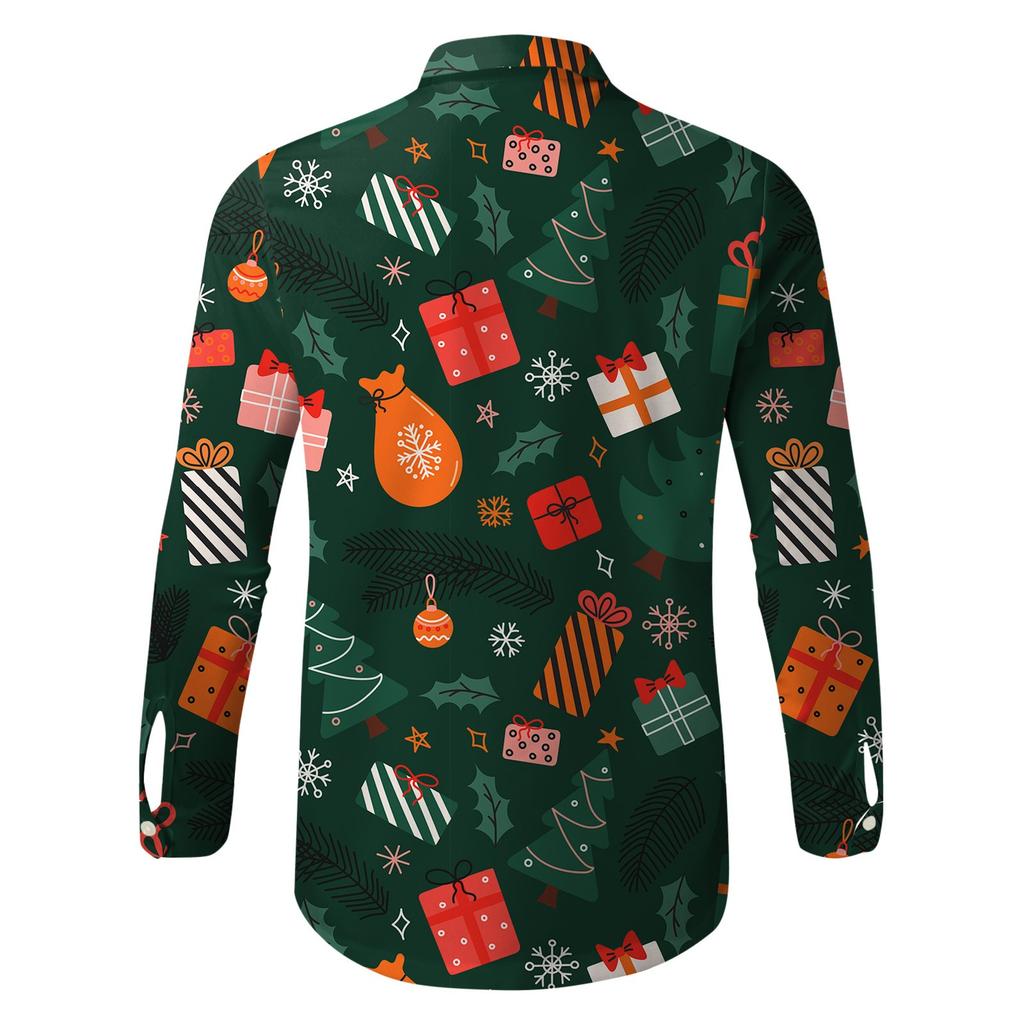 Men's Fashion Casual Christmas Print Long Sleeve Buttons Lapel Shirts Tops