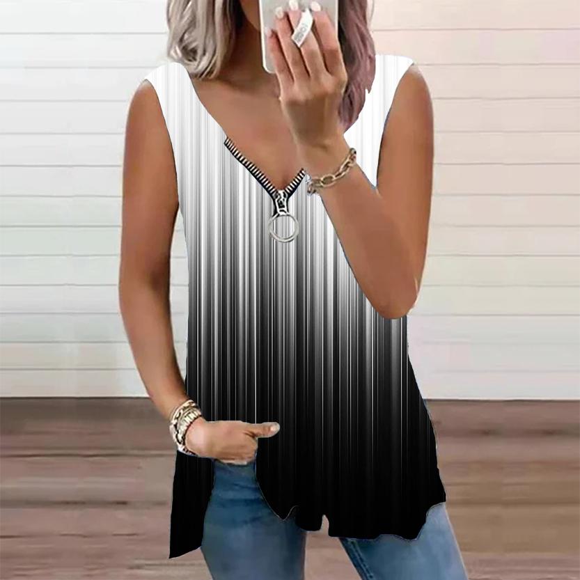 Женский топ, летний новый модный синий топ в вертикальную полоску с принтом, повседневный топ без рукавов на молнии с v-образным вырезом, майка на бретелях