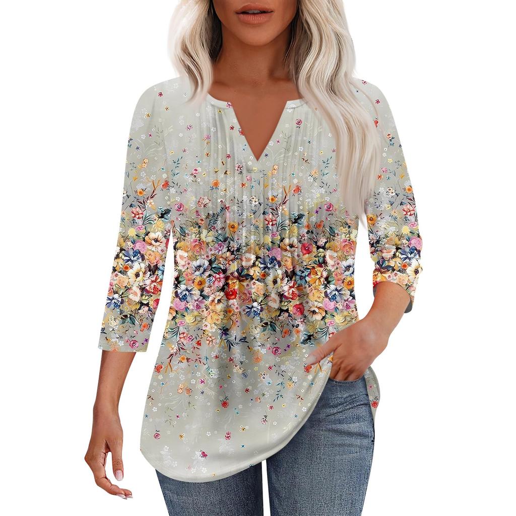 Women's Fashionable Casual Pleated  V Neck Solid Color Seven Quarter Sleeve T-shirt Top