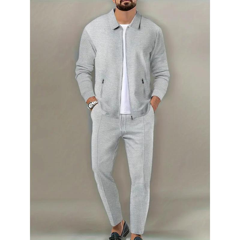 Men's European Style Waffle Knit Casual Sports Suit with Long Sleeve Jacket