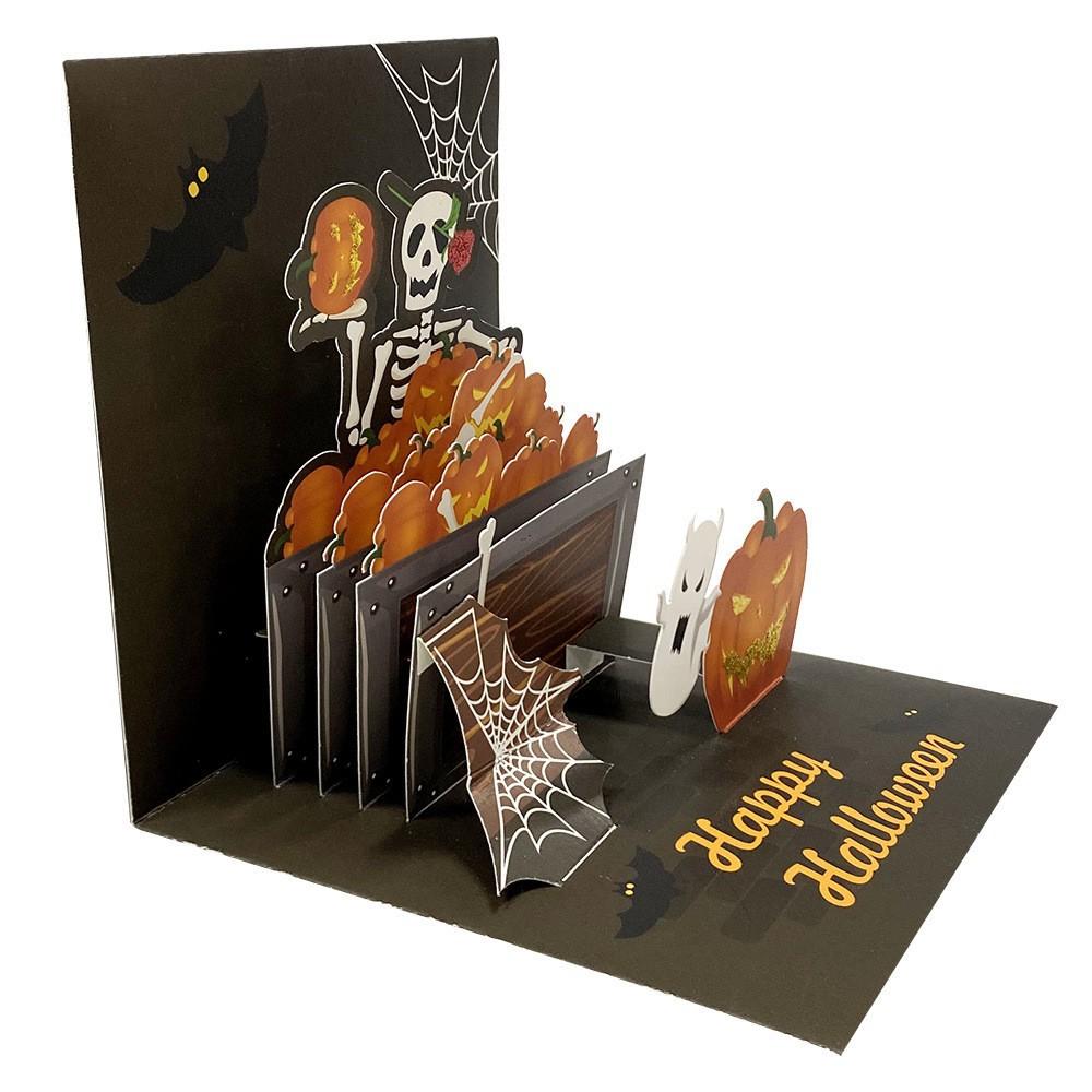 Поздравительная 3D-открытка на Хэллоуин Пригласительная открытка на вечеринку Блестящая пудра Горячее тиснение Тыква Скелет 3D-открытка с сообщением
