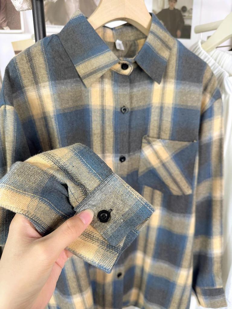 Женская клетчатая рубашка в стиле ретро с начесом - Свободный крой, длинный рукав, верхняя одежда для осени 2024