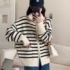 Autumn Winter New Women's Korean Version Loose Fashionable Polo Collar Striped Knitted Cardigan Warm Zipper Sweater Jacket