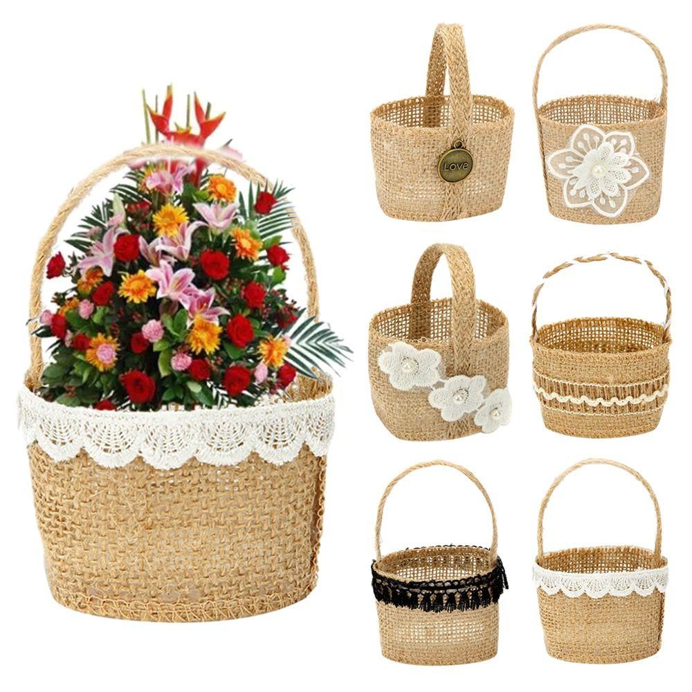 2pcs Lace Bowknot Flower Girl Basket Retro Candy Gift Bag Wedding Ceremony Party Decoration