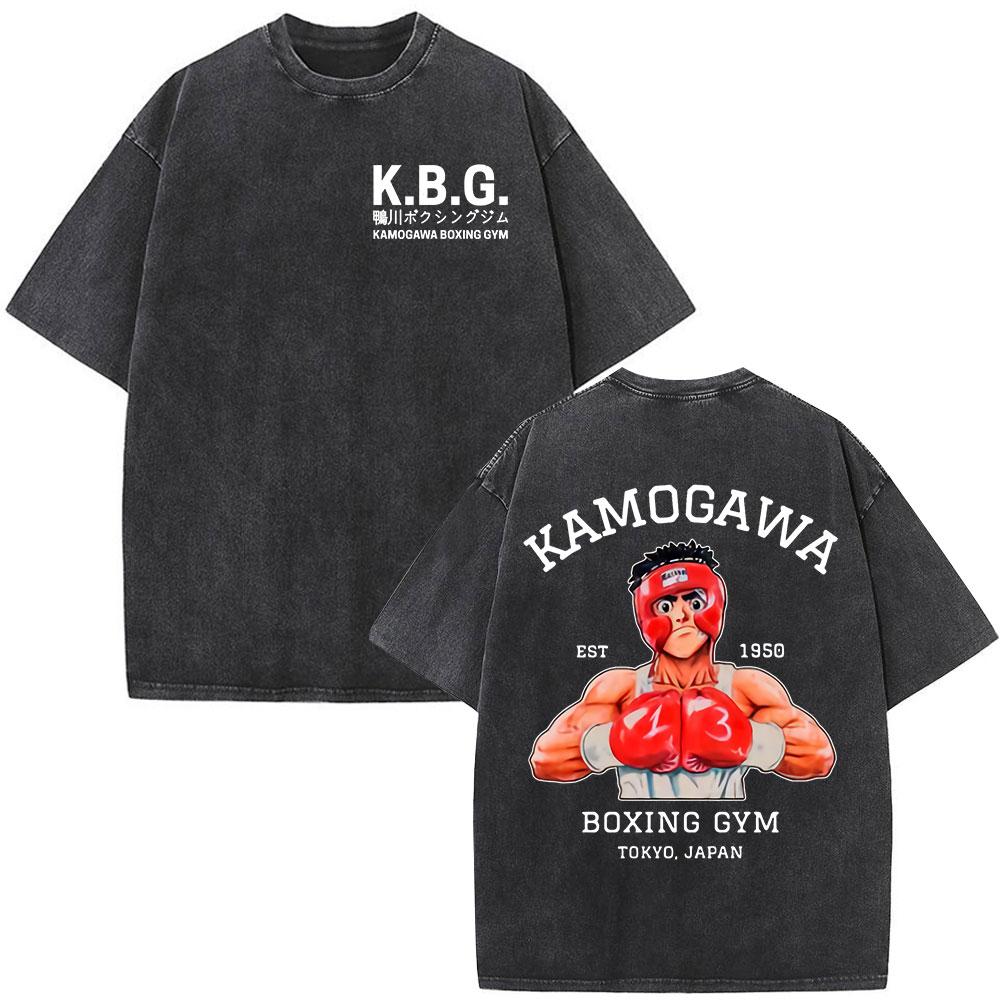 Anime Hajime No Ippo Kamogawa Boxing Gym Washed Tshirts Makunouchi Takamura KGB T Shirts Mens Clothing Casual Cotton Tshirt