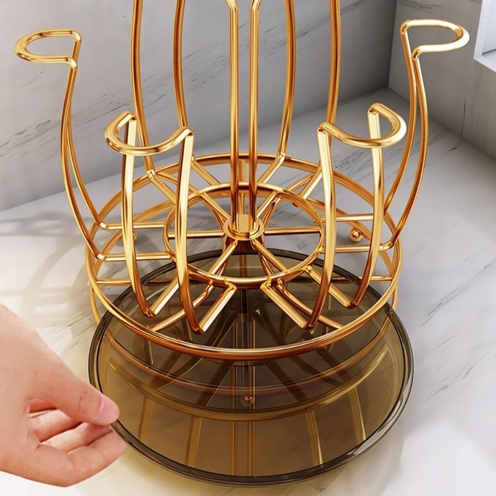 360° Rotation Cup Holder with Water Drain Tray Gold Glass Cup Storage Rack Mug&Cup Organizer Bar