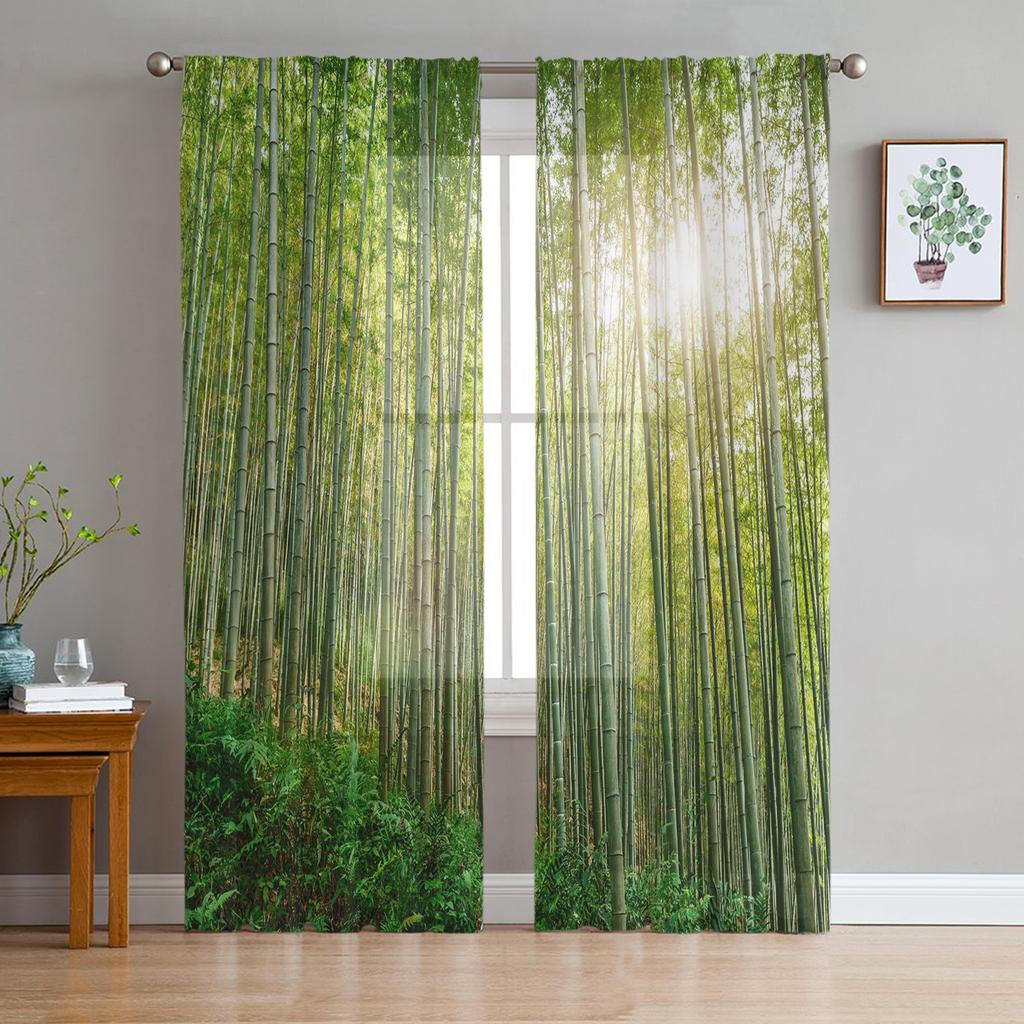 Green Bamboo Forest Sunlight Sheer Curtains for Living Room Decoration Window Curtains for Kitchen Tulle Voile Organza Curtains