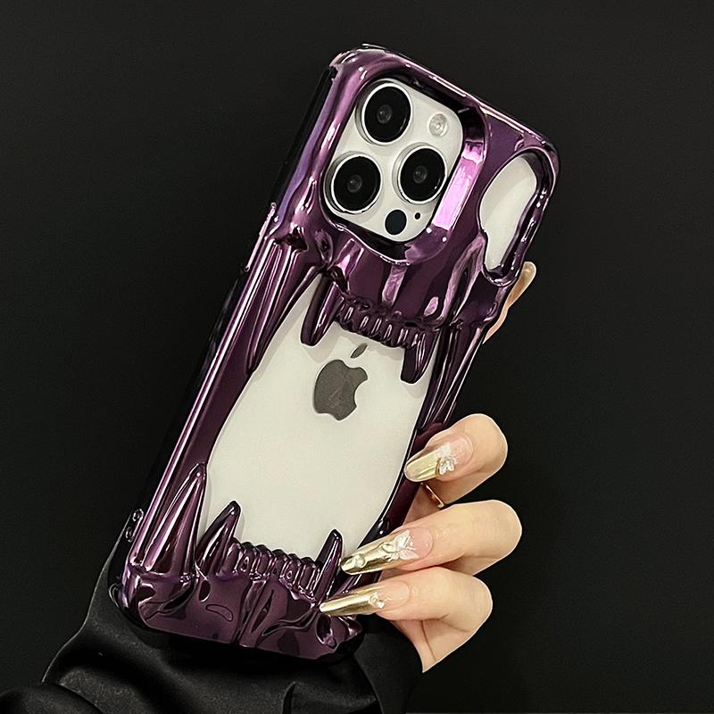 3D Tiger Tooth Hollow Dissipate Heat Phone Case For iPhone 17 16 15 Plus 14 13 12 11 Pro Max 16e Metal Purple Soft Cover