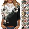Женские топы с рукавом 3/4, повседневные свободные кружевные футболки с v-образным вырезом, милые топы-туники длиной три четверти с цветочным принтом в стиле ретро