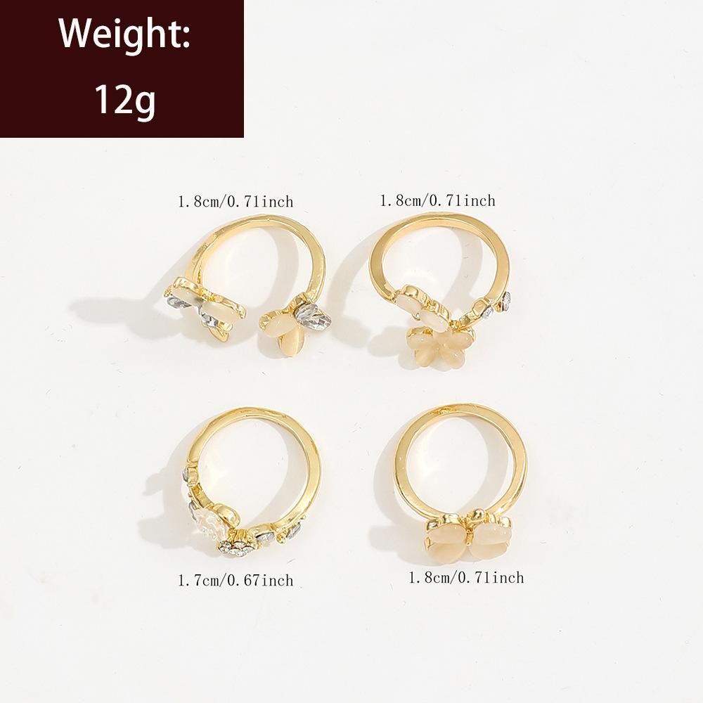 ins Multi-element imitation pearl rose flower star open ring Rhinestone Butterfly Flower Stackable Ring4Set