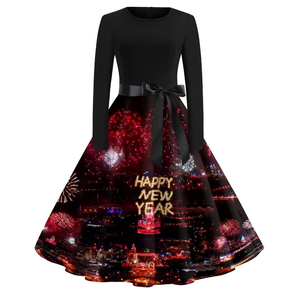 Женское повседневное модное платье с круглым вырезом и длинным рукавом с новогодним принтом в ретро-стиле