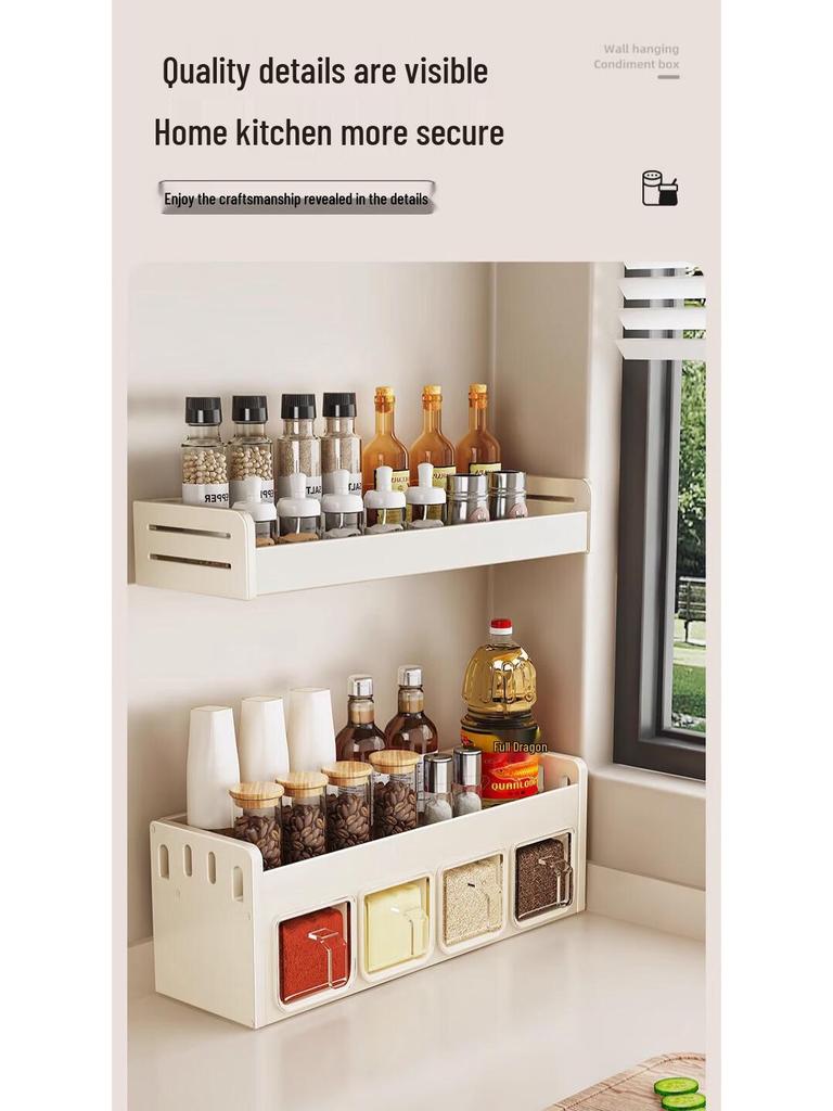 Wall-Mounted Cream Style Spice Rack with Seasoning Jars & Utensil Storage