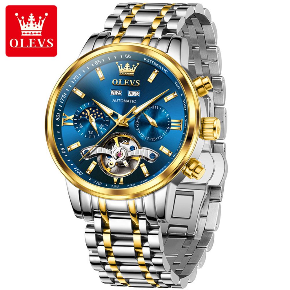 OLEVS Watches for Men Skeleton Flywheel Automatic Mechanical Men's Watches 24 Hour Moon Phase Waterproof Luxury Man Watch 6740