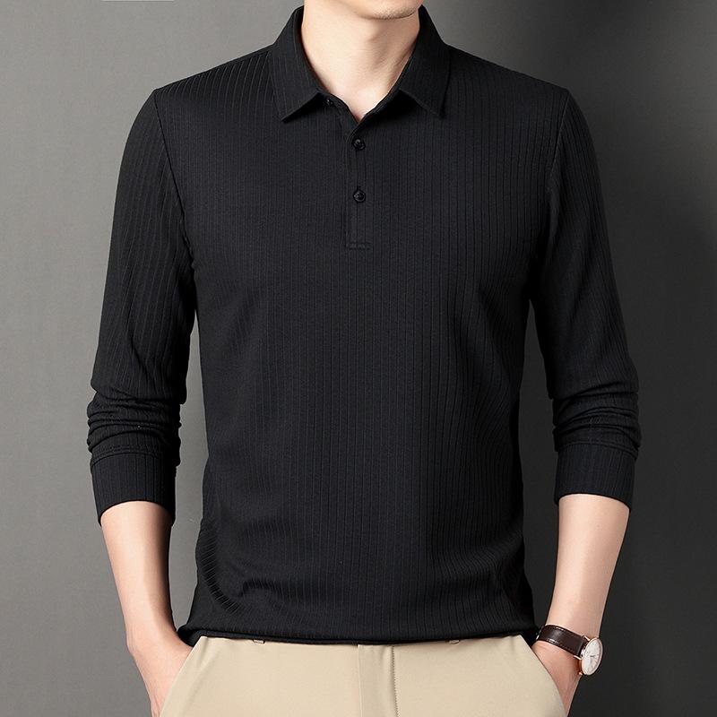 Men's Long Sleeved T-shirt Versatile Polo Shirt Solid Color Striped Business Collar Long Sleeved Breathable T-shirt
