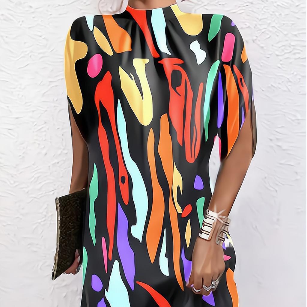 YYFS Women's Fashion Summer Spring Flower Pattern Print 1/2 Sleeves O-Neck Middle Waistline Casual Dresses