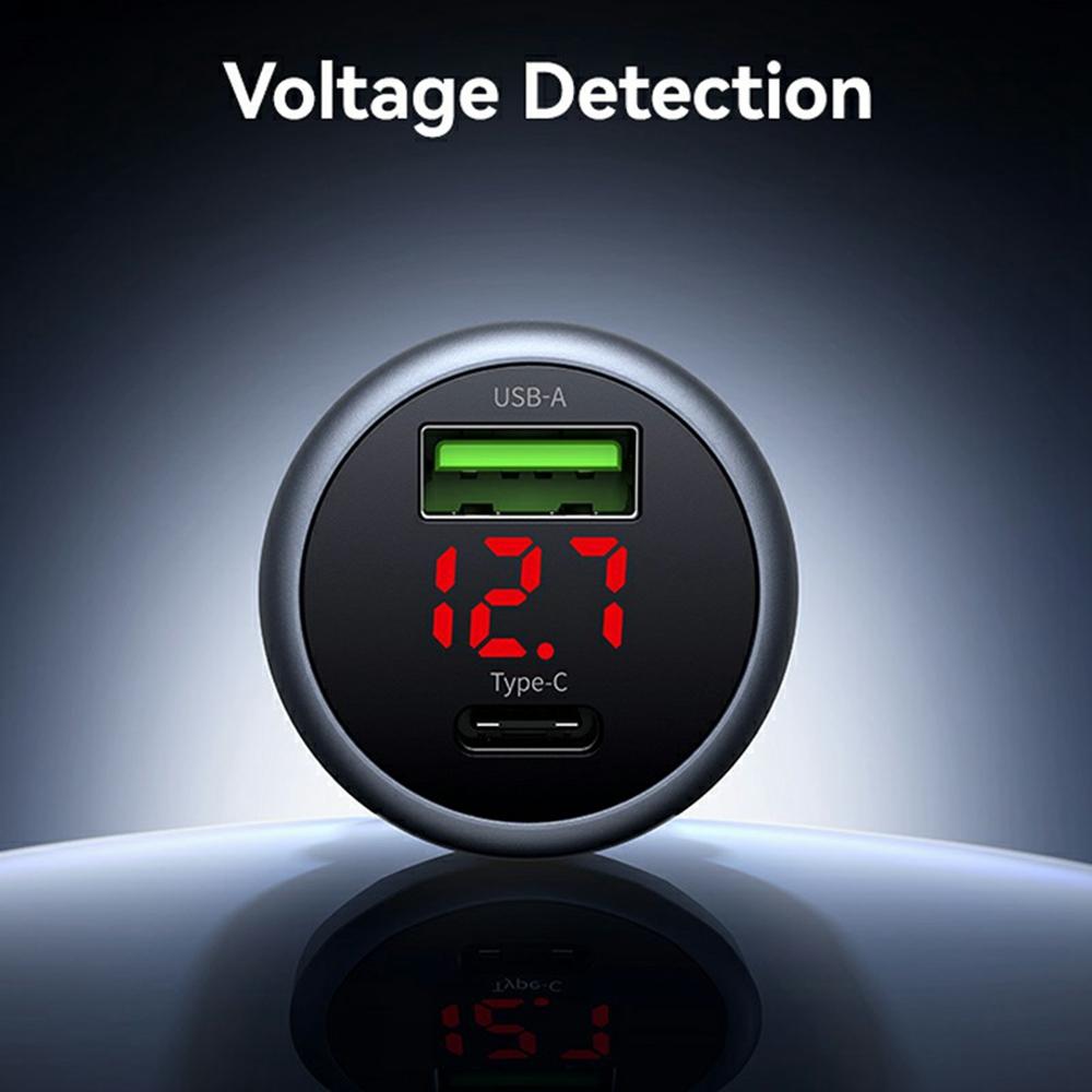 USAMS CC327 C44 USB-A + Type-C Dual Port Car Charger 45W Fast Charging Aluminum Alloy Power Adapter with Voltage Display