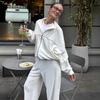 Womens Casual Velvet 2-Piece Set Long Sleeve Zip-Up Top Elastic Waist Wide Leg Pants